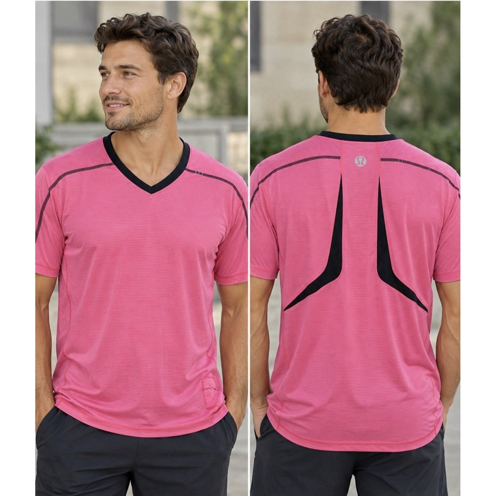 Lululemon Up Front Shirt Men's XXL Pink Black V Neck Short Sleeve Athletic Sport